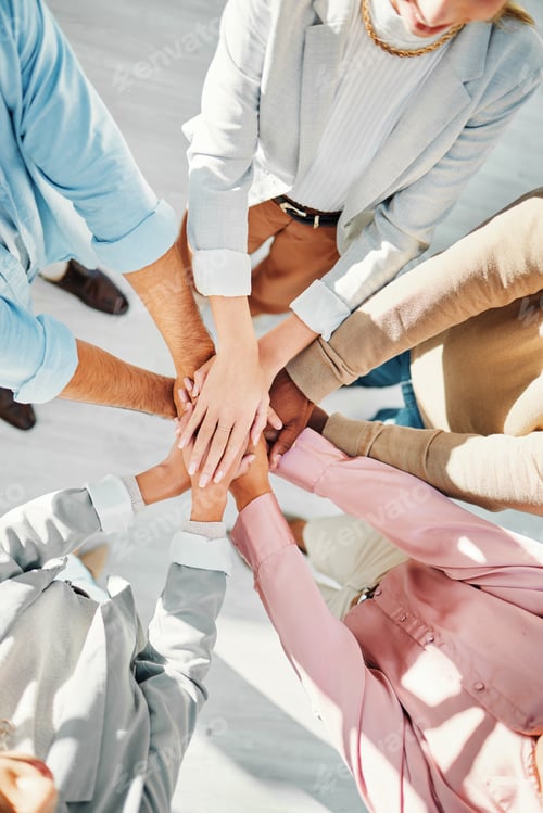 Preview: Teamwork, hands and business people in collaboration from above for support, circle of trust and wi