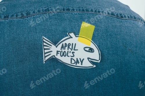 Preview: close up view of paper made fish with sticky tape on jeans shirt, april fools day concept