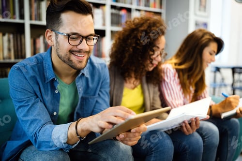 Preview: Student studying brainstorming library friends teamwork concept