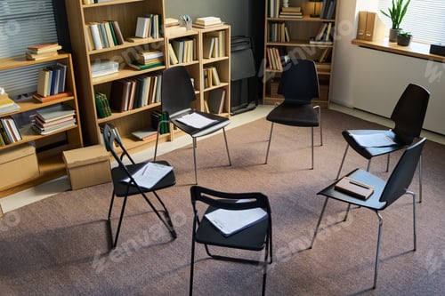Preview: Group Therapy Session Materials Arranged on Chairs in Counseling Room