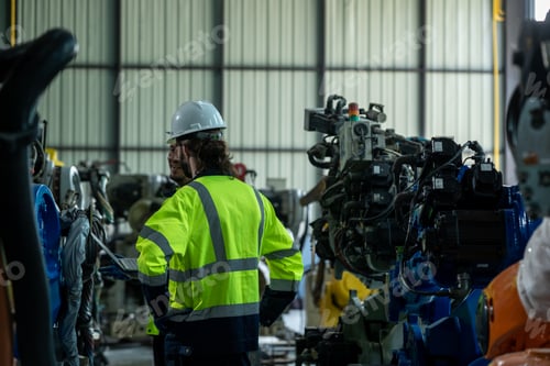 Preview: Engineer and mechanic worker checking and maintain robot arm controller inside the factory.