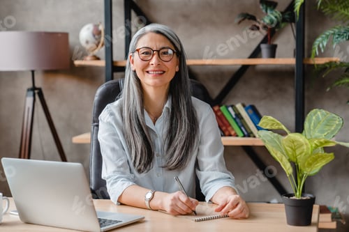 Preview: Cheerful middle-aged woman with grey hair working on laptop in office