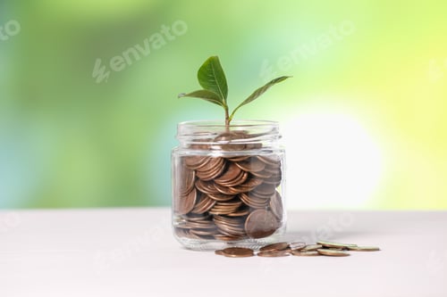 Preview: Investment concept. Glass jar with coins and sprout on light table against blurred green background