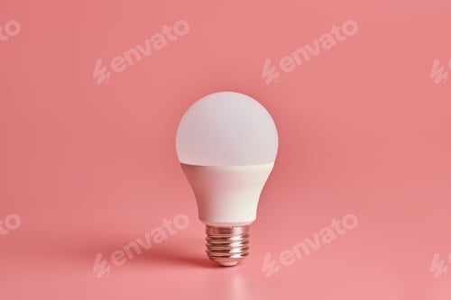 Preview: Energy saving light bulb, copy space, pink background. Minimal idea concept.