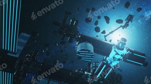 Preview: Asteroids silhouette at International Space Station with solar panels in outer space. Gravity fly