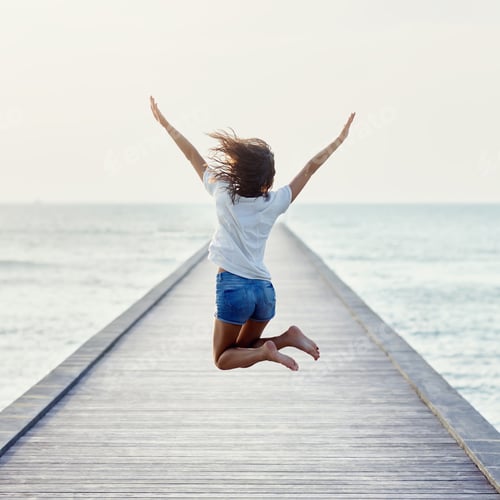 Preview: Back view of jumping girl on the pier