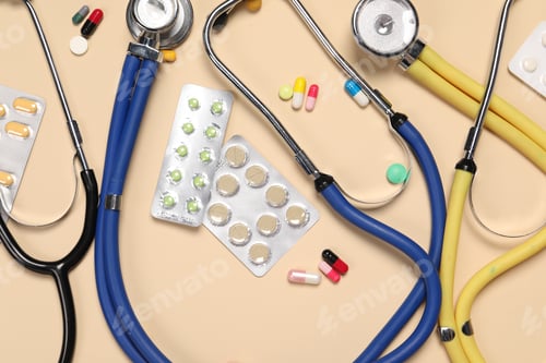 Preview: Stethoscopes and pills on beige background, flat lay. Medical tools