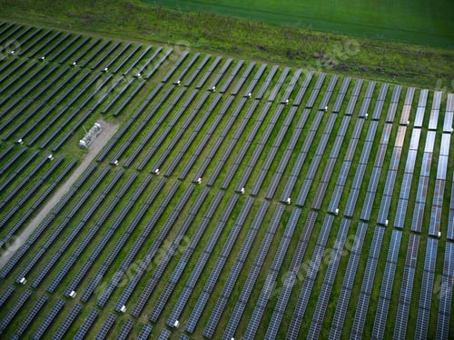 Preview: Aerial drone view of solar power plant in green meadow at sunny day.