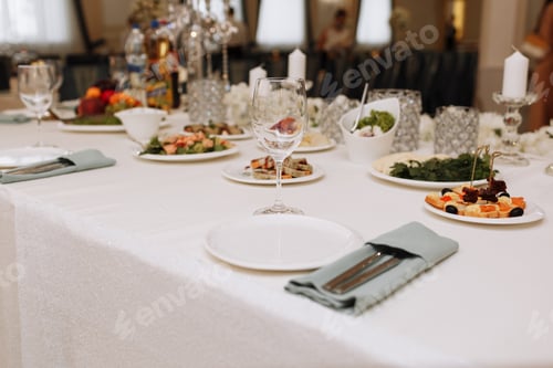 Preview: Empty glass set in restaurant. wedding, decor, celebration, holiday concept - romantic table setting