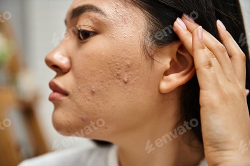 Preview: skin care issues concept, close up shot of young asian woman with brunette hair and acne on face