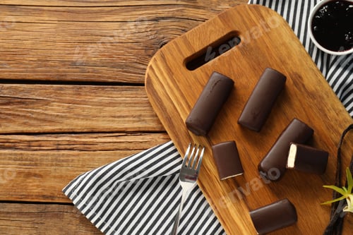 Preview: Glazed vanilla curd cheese bars served on wooden table, flat lay. Space for text