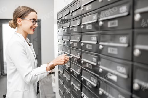 Preview: Woman opening mailbox at the residential building hall