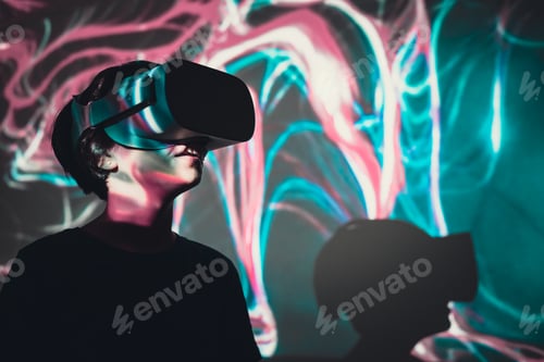Preview: Young girl watching a movie on VR headset on red background