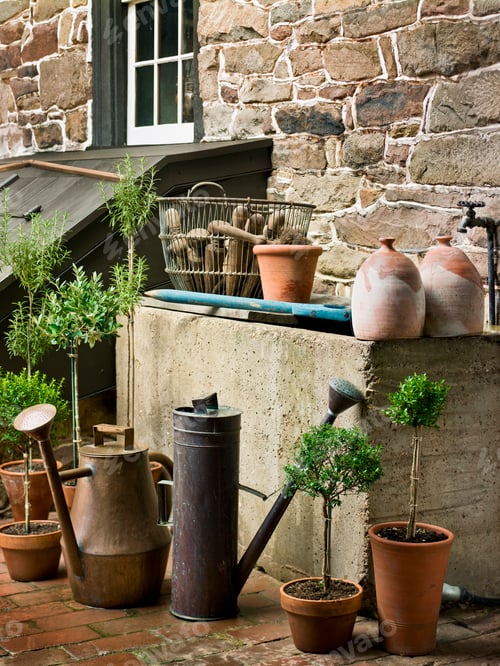 Preview: A collection of old watering cans, and clay pots for plants, outside a house.