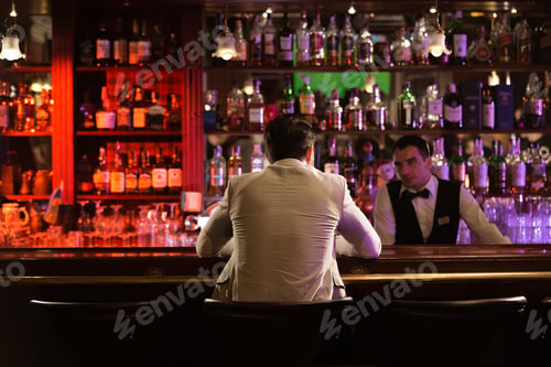 Preview: Back view of a man ordering drink to a bartender