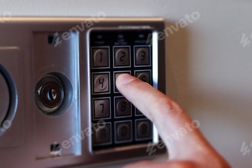Preview: Blurred safe with combination lock and human hand in hotel room