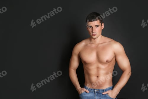 Preview: Man with sexy body on black background. Space for text