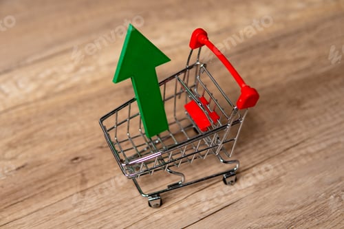 Preview: A miniature shopping cart with a large green upward arrow.