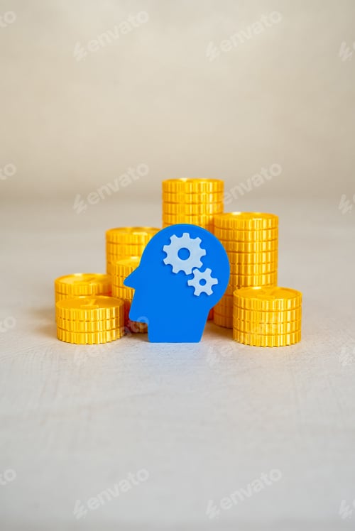 Preview: Head with gears and stacks of coins. Invest in education. Make money on an idea.