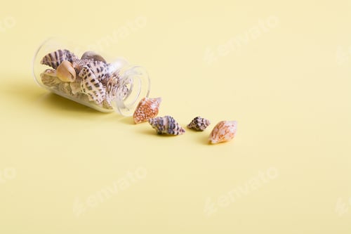 Visualização: Ideia criativa de verão com mini garrafa e pequenas conchas em fundo amarelo