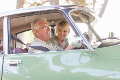 Preview: Senior man and mature woman in car together, smiling