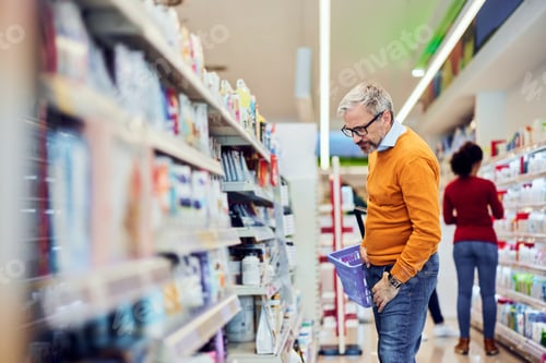 Preview: A man with glasses on in a yellow sweater, doing his daily grocery shopping.