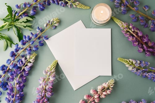 Preview: Card with envelope and lupine flowers on green background
