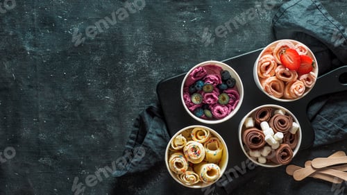 Preview: rolled ice creams in cone cups on dark background