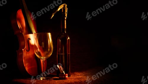 Preview: Closeup shot of wine glass, wine opener, violin and a bottle