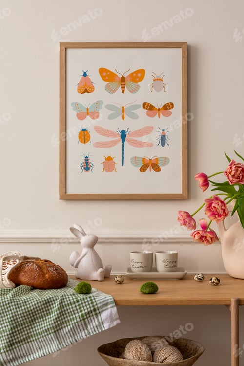 Preview: Warm composition of easter living room interior with mock up poster frame, wooden sideboard