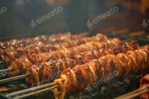 Preview: Grilled meat skewers with onion cooking on charcoal barbecue