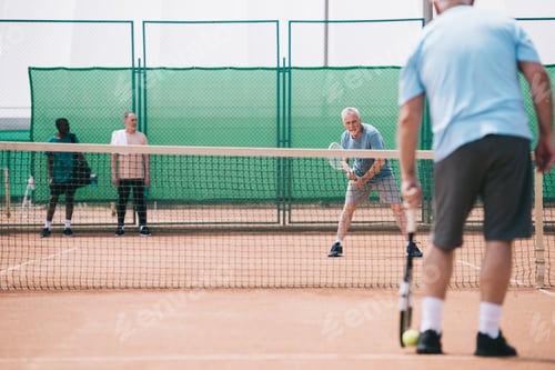 Preview: selective focus of old sportsmen playing tennis on court
