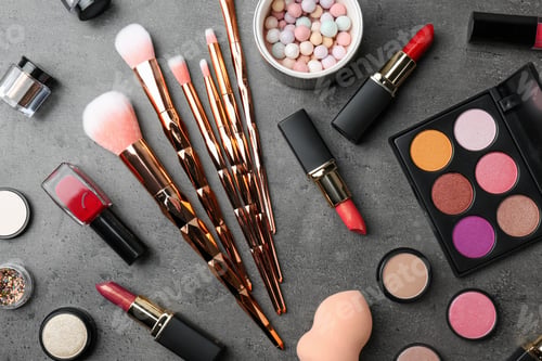 Preview: Set of different professional makeup products on table, flat lay