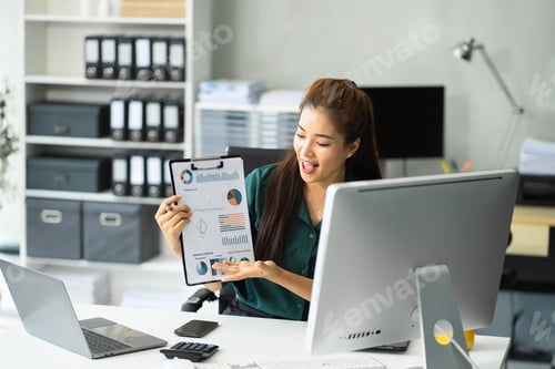 Preview: idea presentation, planning analysis and financial statistics and investment market at office.