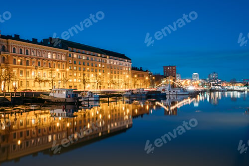 Preview: Helsinki, Finland. View Of Pier With Boats And Pohjoisranta Stre