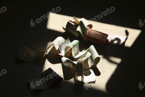 Preview: Various banknotes from around the world on a floor surrounded by shadows.
