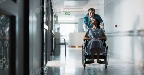 Preview: Happy nurse, wheelchair patient and people talking, consulting and motivation advice, kindness or e
