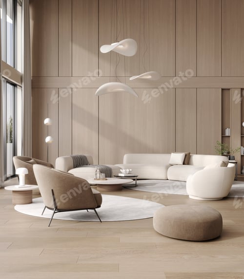 Preview: Luxury modern villa interior with wooden walls, soft white sofas,