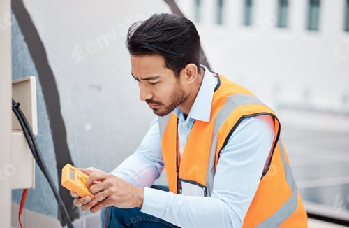 Preview: Multimeter, electricity and man with air conditioner for repair, maintenance and inspection on roof