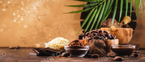 Preview: Various cocoa products set: beans, powder, butter, dark chocolate, grated cocoa