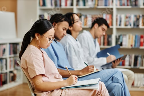 Preview: Diverse group of medics in row sitting in audience at lecture or seminar