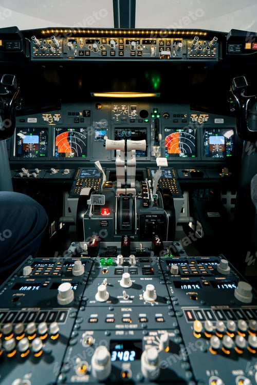 Preview: thrust lever in the cockpit of an airplane a close-up view of a flight on an aircraft simulator