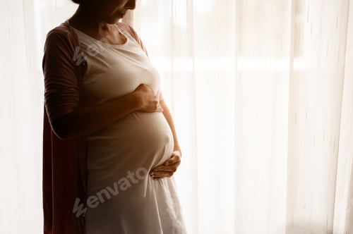 Preview: Close up of smile pregnant woman with big belly looking to belly near a window.pregnancy, motherhood