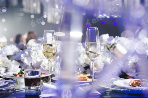 Preview: Served wedding banquet table with dishes in the restaurant
