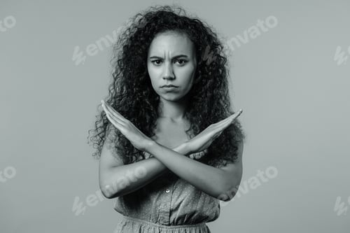 Preview: No, never, pretty curly woman disliking, rejecting gesture stop crossing hands