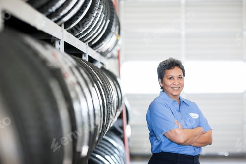 Preview: Portrait of female Hispanic mechanic in auto repair shop