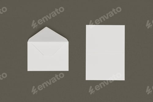 Preview: top view of open white envelope and blank card isolated on grey background