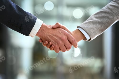 Preview: Cropped shot of a businessman and businesswoman shaking hands in a modern office