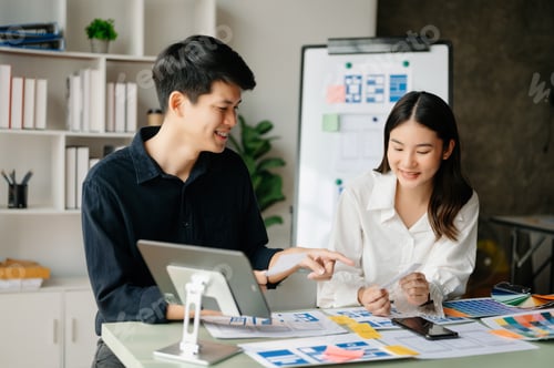 Preview: Asian businessman and woman people meeting in office. Employee brainstorm and work