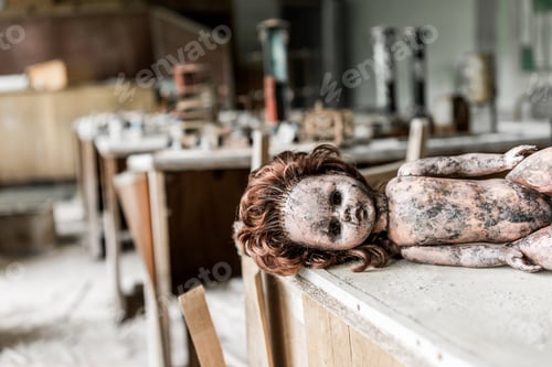 Preview: selective focus of creepy baby doll on wooden desk in classroom